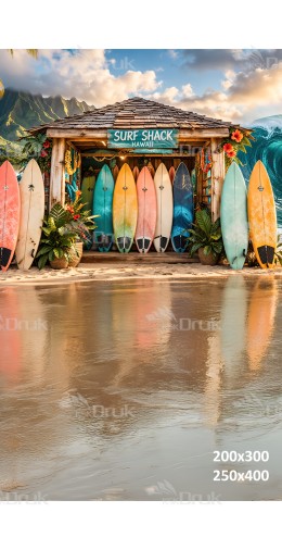 Tło fotograficzne „Surf shack z kolorowymi deskami na plaży” | 4046